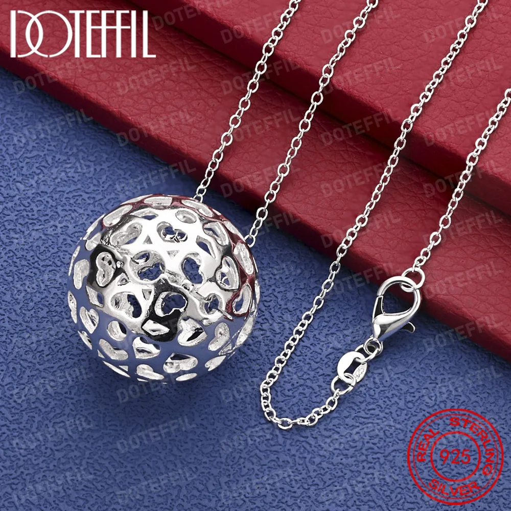 

925 Sterling Silver Hollow Ball Love Heart Pendant Necklace For Woman Wedding Engagement Charm Jewelry