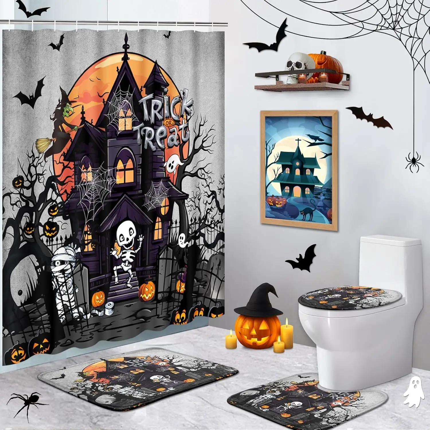 

Хэллоуин Жуткий Дом 4 шт. Набор занавесок для душа с ковриками Луна Тыква Готический череп Шторы для ванной комнаты Душ с нескользящим ковриком