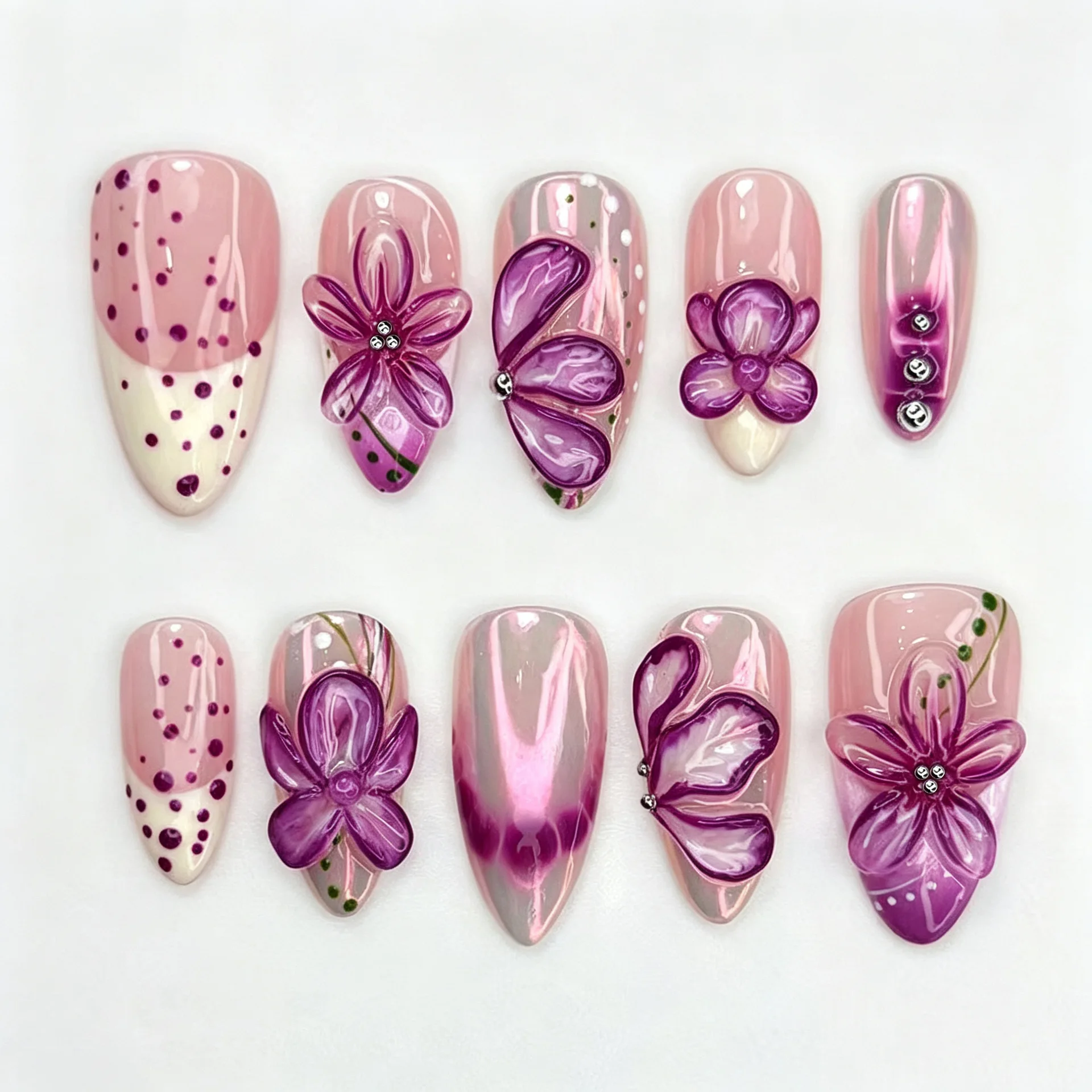24Pcs Purple Aurora Gradient Press on Nails Full Cover 3D Flower French Almond False Nails with Polka Dot Wearable Manicure Tips