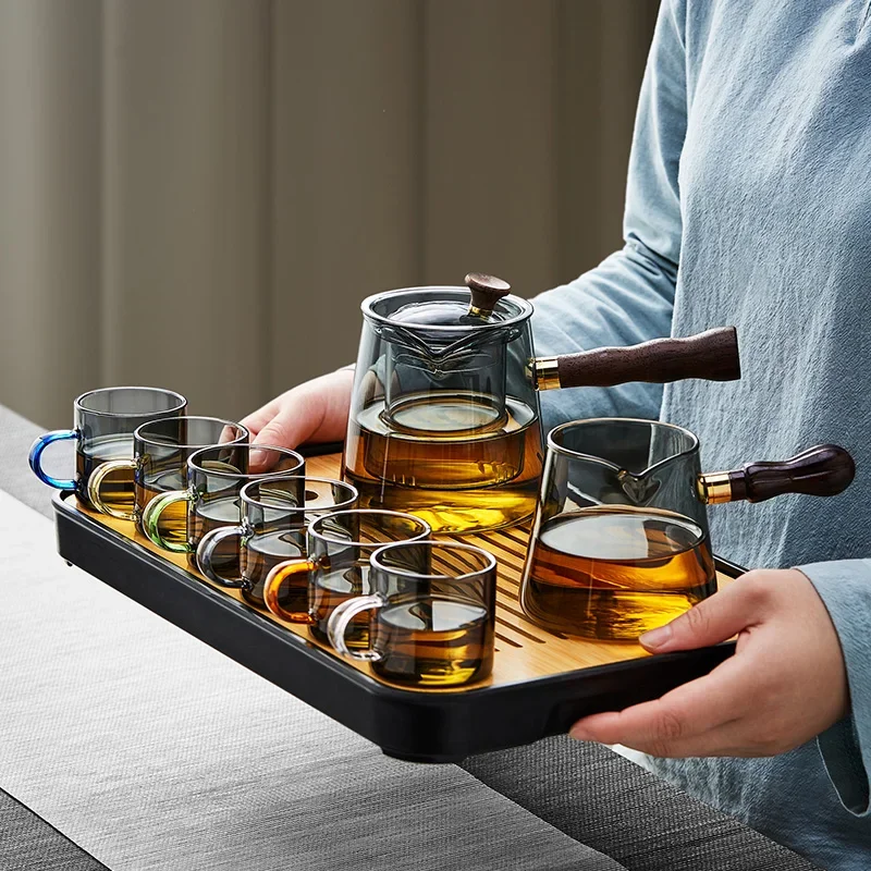 Heat-resistant glass tea set, household living room, teapot, tea tray, office, small tea cup, anti-scalding