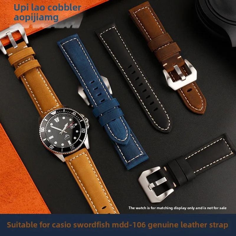 22mm Crazy Horse Leather Frosted Watch Band For Casio Swordfish mdv-106 Sea-Heart Water ghost watch series Bracelet Brown Khaki