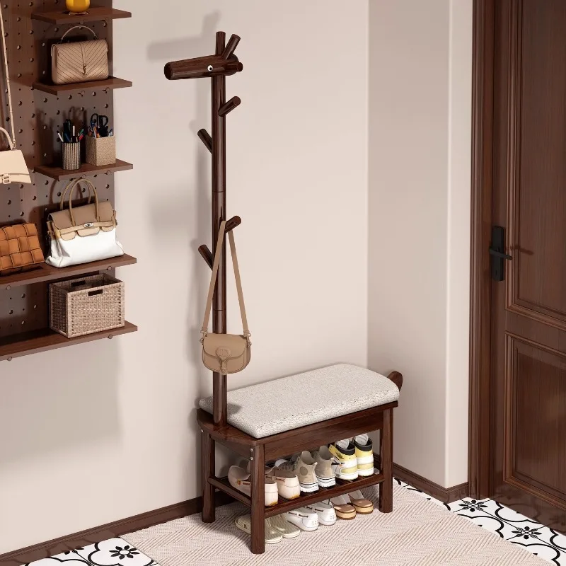 Solid Wood Deer Shape Shoe Bench with Coat Rack, Entryway Hall Tree Stand, Sitting Stool, Space Saving, Rustic Home Decor