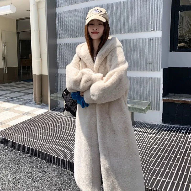 Korean Women High-end Hooded Fur Jacket Autumn Female Fashion Long Sleeved Plush Coat Winter Ladies Mid-length Faux Fur Outwear