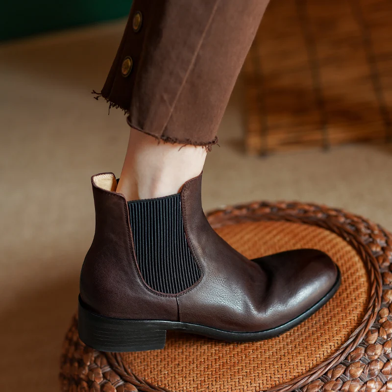 

Slip On Basic Round Toe Shoes Woman Ankle BootsSimple Stylel Women Winter Boots Autumn Spring Chelsea Cowhide Ladies Warm Shoes