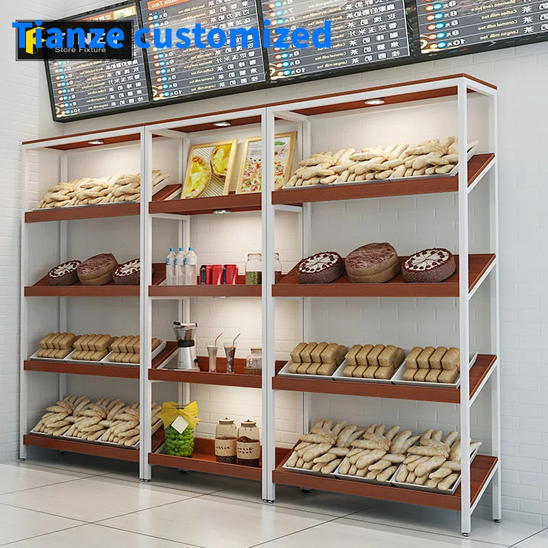 （customized）Customized Modern supermarket bakery shop Metal Wood Food bread display shelves