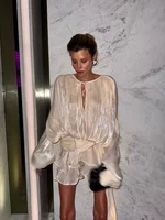 Stunning Shiny Ruffles Lace Up Mini Dress Women's Chic Loose Hollow Out A-line Pleated Vestidos Lady Summer Party Gowns 2026 New