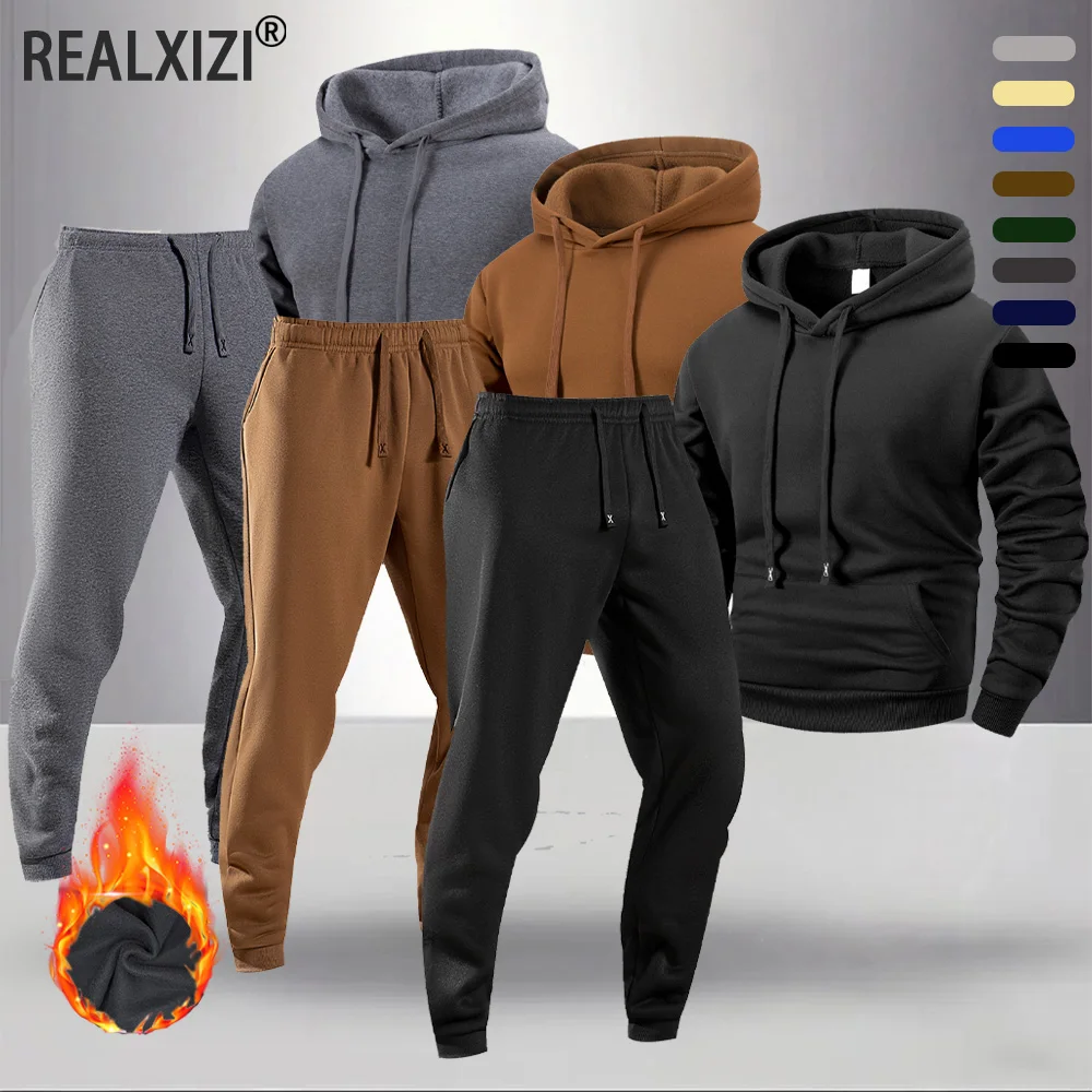 

Осенний мужской спортивный костюм, флисовая толстовка с капюшоном и брюки, комплект из 2 предметов, мужской повседневный пуловер для фитнеса и бега, брюки, спортивные комплекты