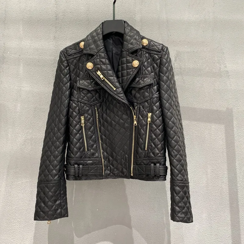 

Black Real Leather Jackets Women Fashion Turn-down Collar Zipper Short Plaid Sheepskin Coats Female Moto Biker Leather Jackets