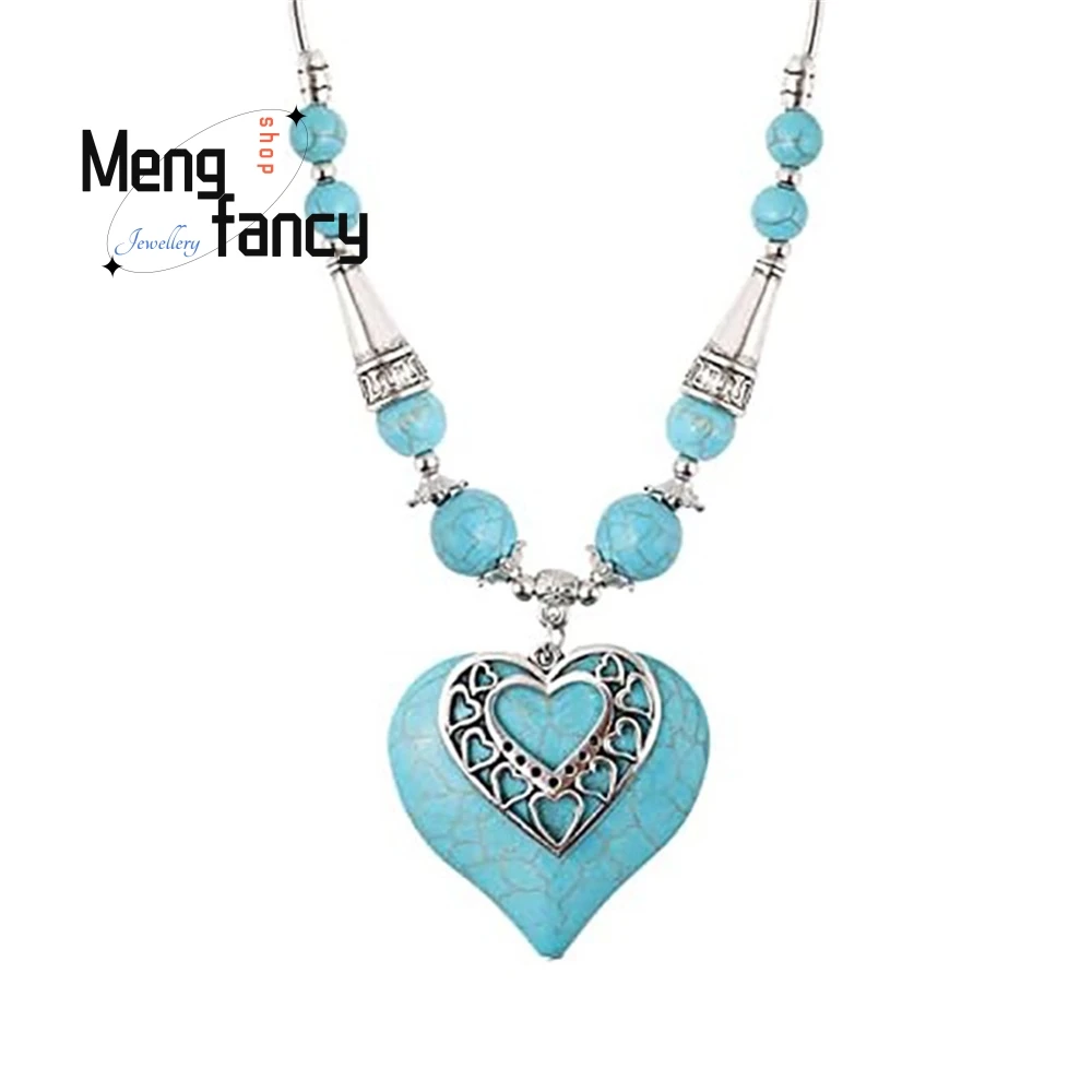عالية الجودة البوهيمي الفيروز الرجعية القلب قلادة القرط مجموعة الأزياء والمجوهرات الفاخرة قلادة أفضل بيع رائعة أنيقة #4
