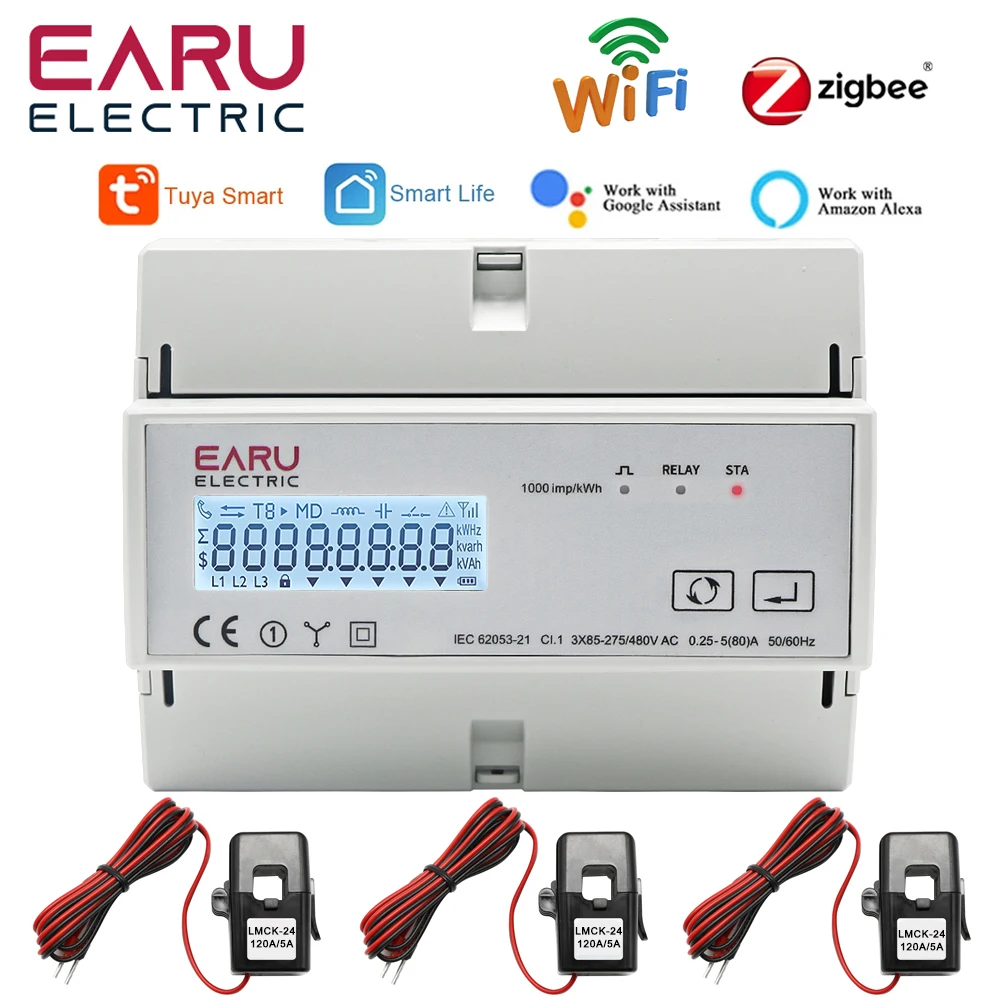 Tuya WiFi ZigBee Three Phase Bidirectional Energy Meter KWh Monitor 3*110/190V or 230/400VAC With 3pcs Split Type Transformer CT