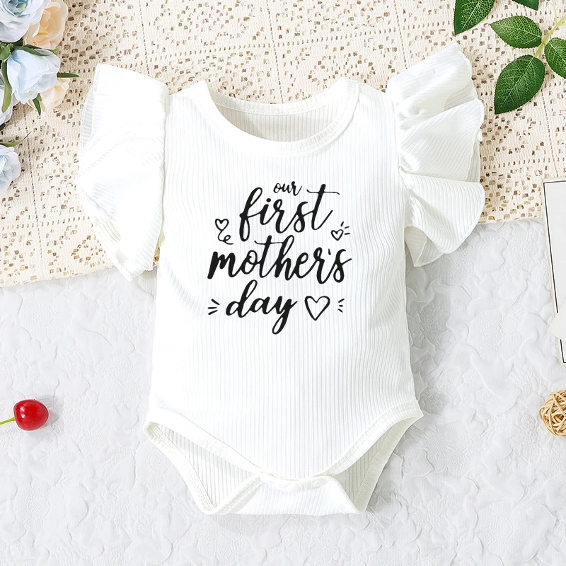 Our First Mother s Day Baby Girl Outfit Ribbed Ruffle Short Sleeve Romper  Bodysuit Summer Newborn Clothes