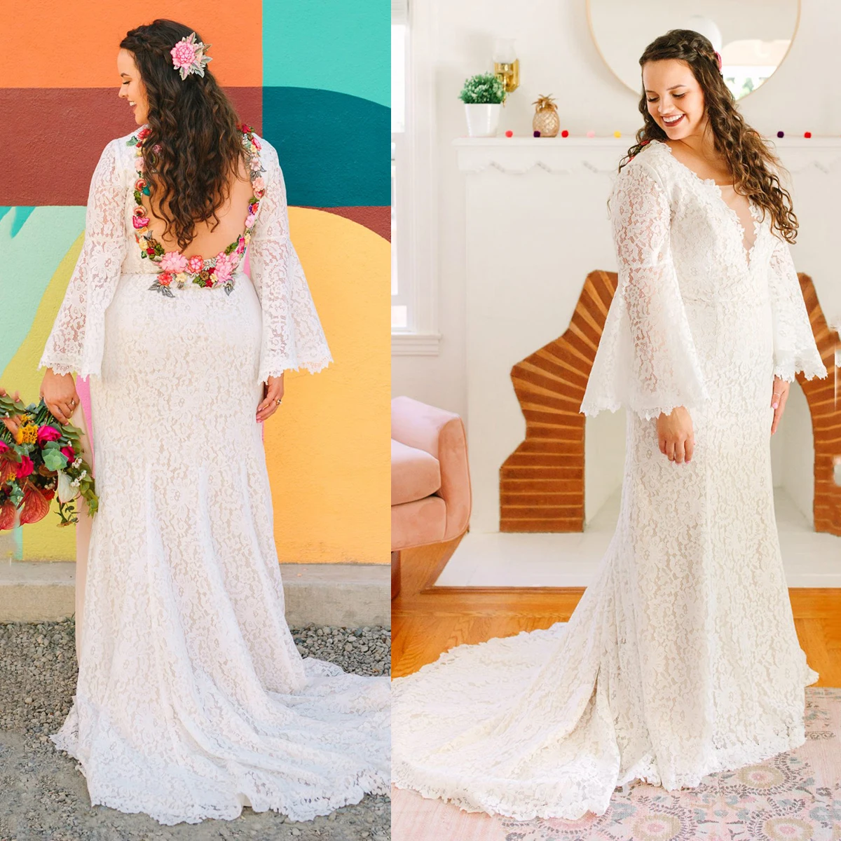 Long Bell Sleeves Handmade Flowers Lace Wedding Dress Big Size Elegant V Neck Mermaid Colorful Customized Garden Bridal Gowns