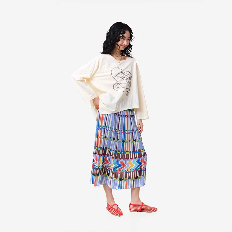 MOVEUP Loose Long Sleeved Round Neck T-Shirt 2026 Summer Fun Character Print Curved Hem Casual Commuting Women's Top 3ELX10515