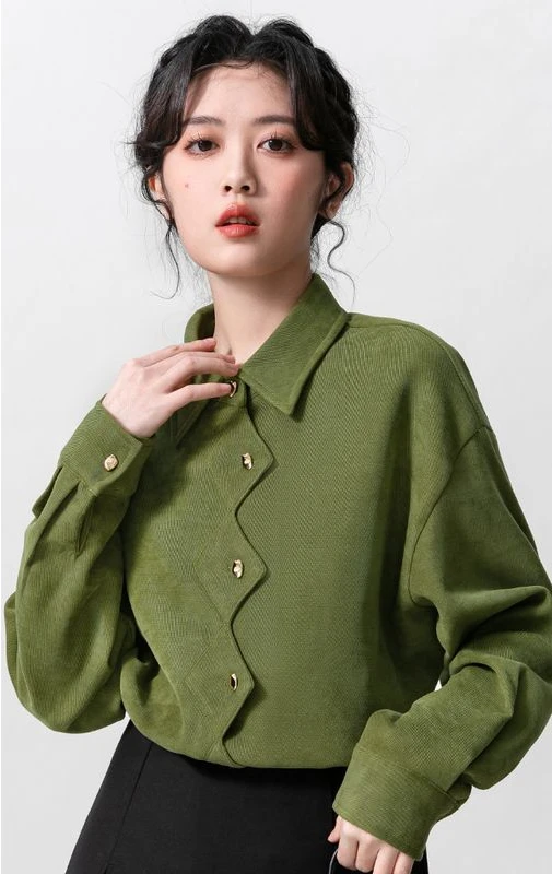 Blouse Women Vintage Green Skirt Fashion New Full Sleeve Autumn Spring Office Lady Women Top All-match Mori Girl