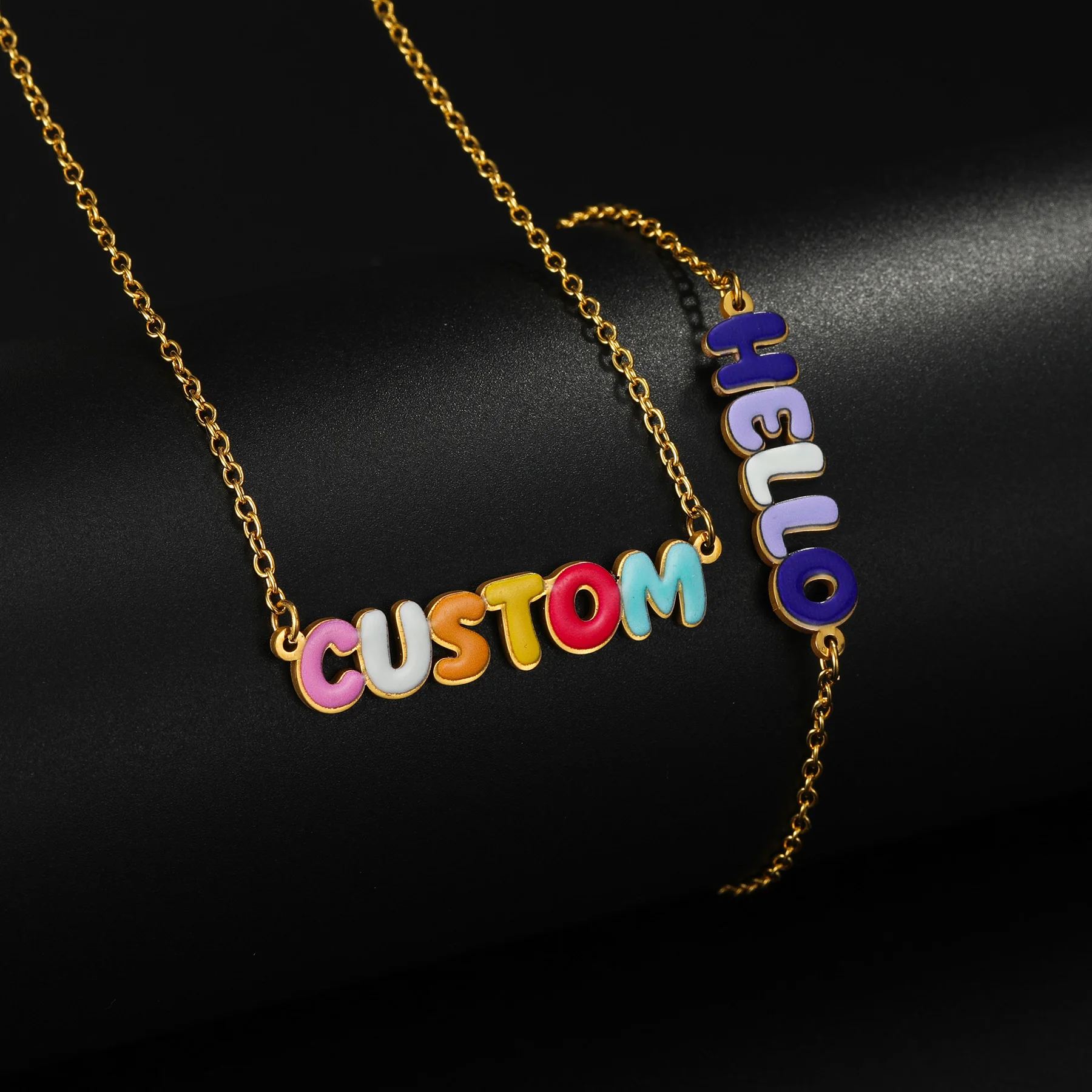

Diamon Custom Enamel Name Bubble Letter Necklace Bracelet Sets Stainless Steel UV Color Printing Jewelry Set for Women Gift