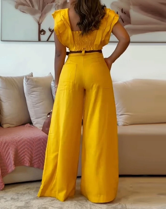 Elegant 2-piece sets for women 2 Piece Sqaure Neck Top + High Waist Wide Leg Elegant Pants Set for women