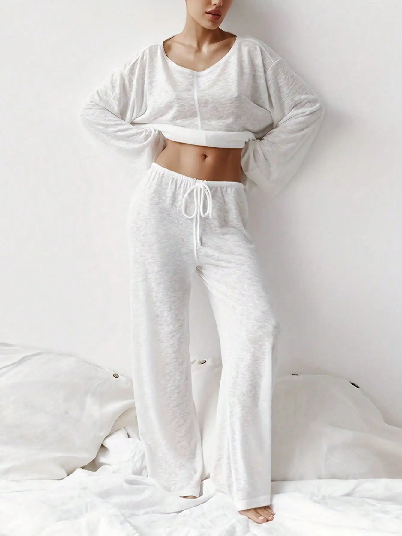 2pcs Women's Sheer Lightweight Sleepwear Set - Round Neck Long Sleeve + Straight Leg Pants, Home/Outdoor
