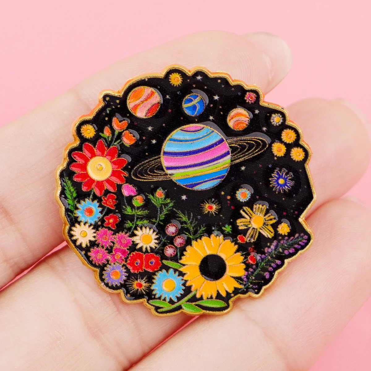 Pin esmaltado espacial planeta y flor para mochila, solapa - imagen 4
