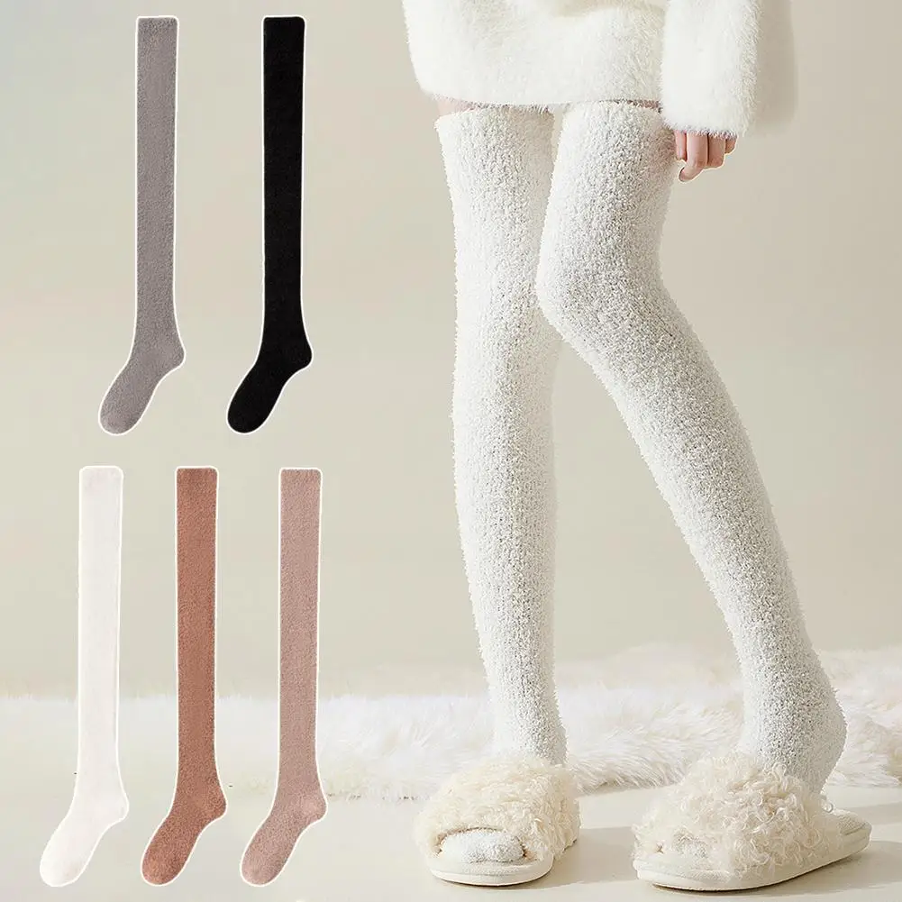 Women's Socks Coral Fleece Over Knee Stockings Winter Solid Thicken Warm Thigh Long Socks Plush Thermal Home Floor Sleep Socks