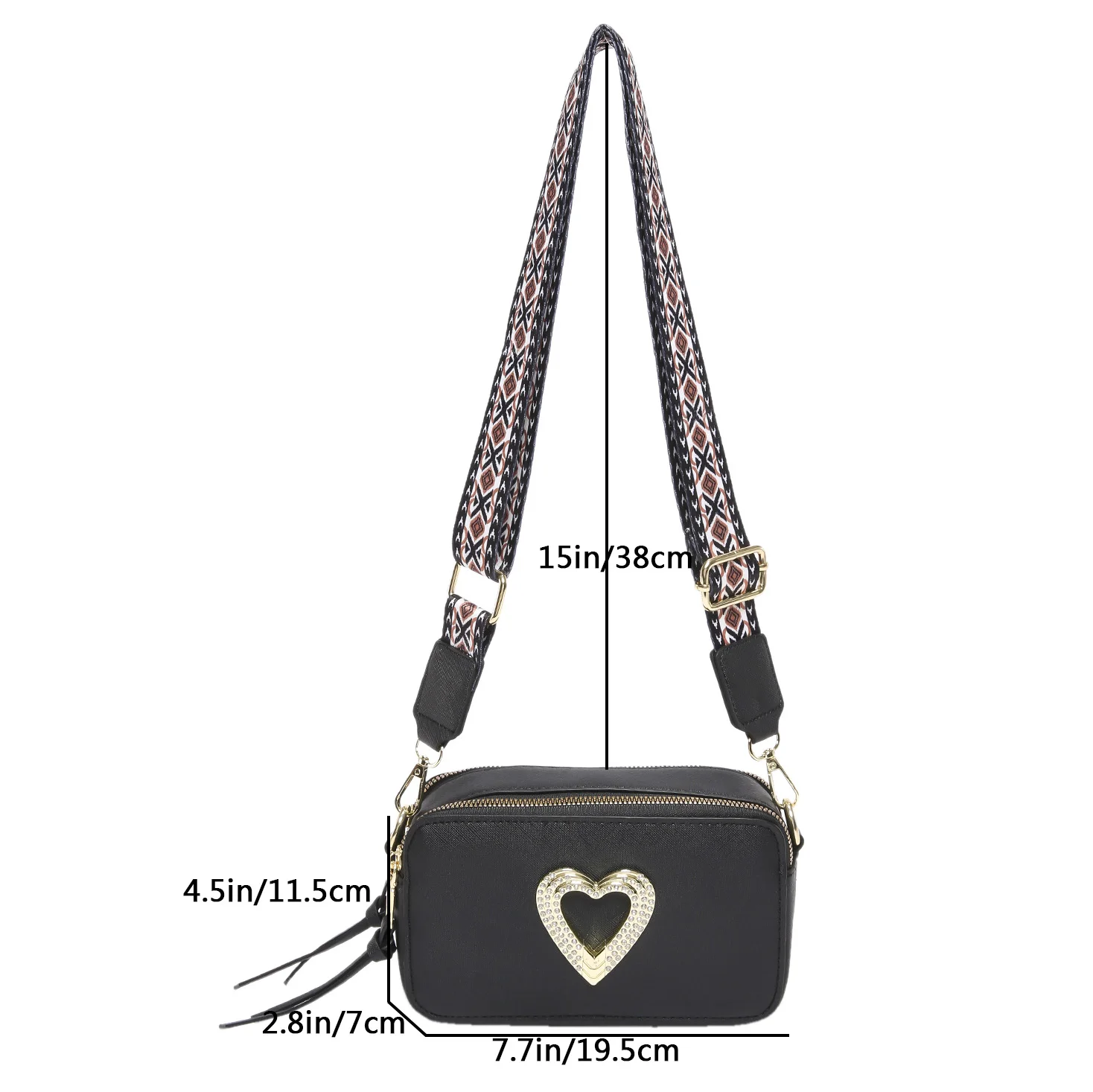 Love Decorated Camera Crossbody Bag Women's Trendy Small Snapshot Bag Wide Belt Leather Shoulder Clutch Bag