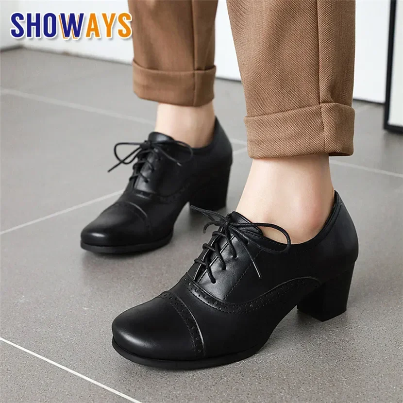 Big Size British Women Pumps High Square Heel Oxfords Red Black Vintage Brogues Casual Office Lady Lace-up Round Toe Dress Shoes