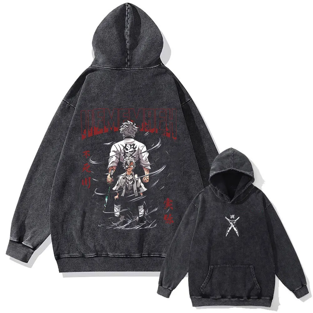 Anime Demon Slayer Washed Hoodie 100% Cotton Vintage Printed Long Sleeve Men's Clothing Fashion Casual Hip Hop Sweatshirt