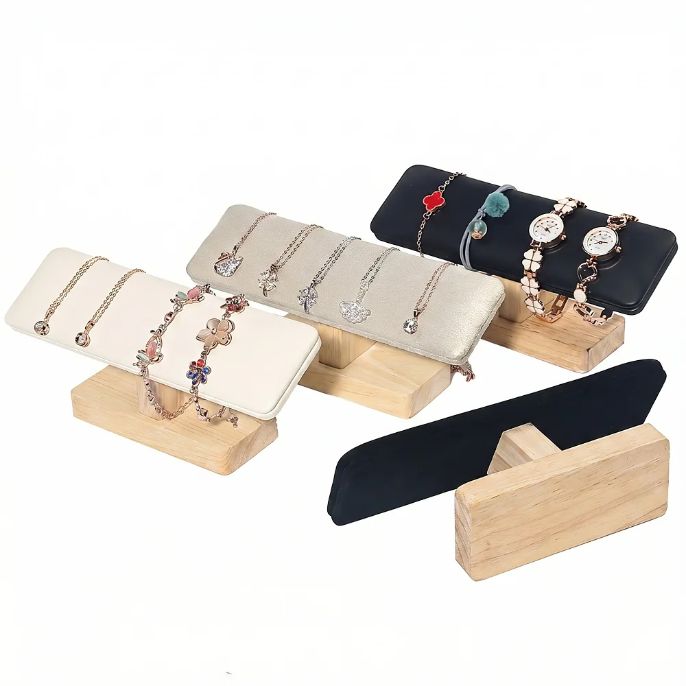 1pc Wooden Base T-Shaped PU Leather / Velvet Bracelet Display Rack Bangle Watch Hairband Jewelry Storage Stand Holder Organizer