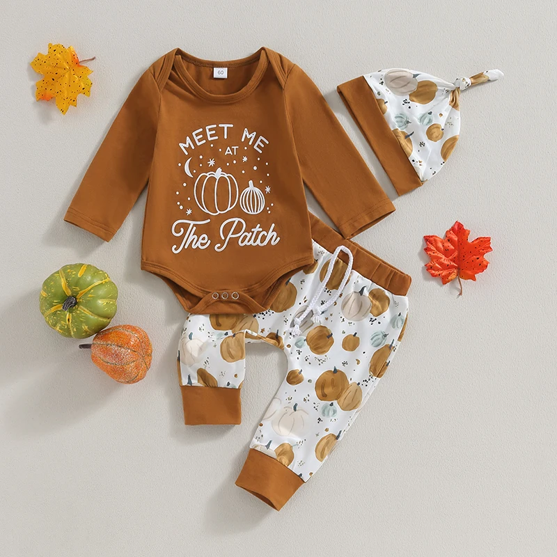 

Baby Boys Outfits Newborn Halloween Letter Print Rompers and Drawstring Pants Hat Set Infant Pants Suits