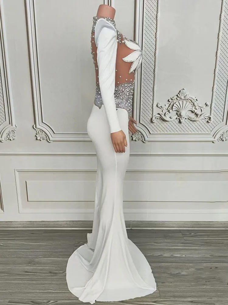 High Quality Rhinestone Elastic Hip Hugging Color Blocked Long Skirt White 2024 New Fashionable Custom Women'S Clothing