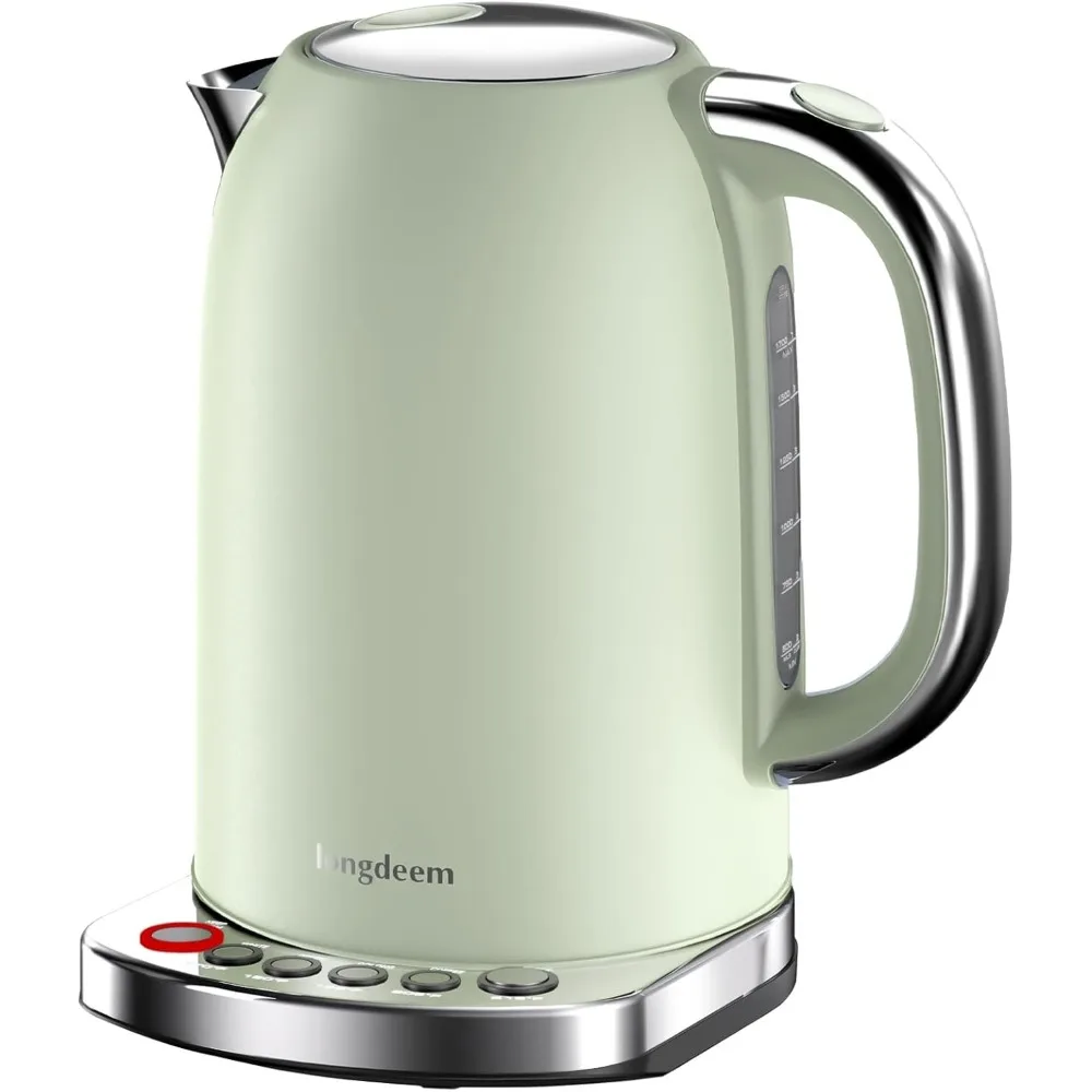 Electric Tea Kettle, Rapid Coffee/Tea Brewing with 5 Temperature Control Presets, Non BPA, Green, Stainless Inner Lid & Bottom.