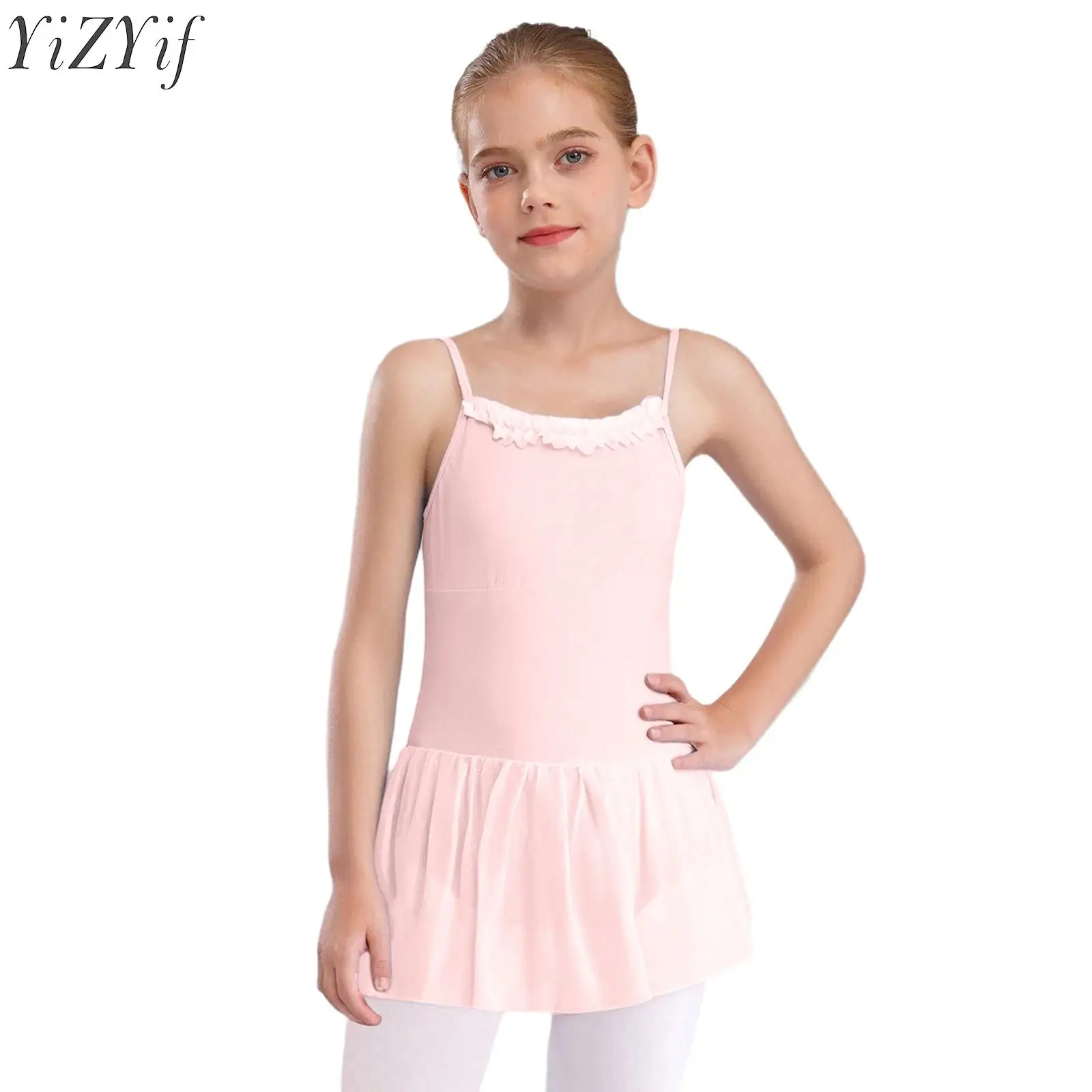 

Kids Girls Ballet Dance Dress Gymnastics Workout Dancewear Ruffled Neckline Sleeveless Adjustable Straps Lyrical Dance Dress