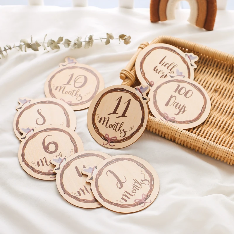 8pcs Wooden Baby Milestone 1-12 Monthly Bird Shape Milestone Cards Newborn Photo Accessories Photography Prop Birthday Gift