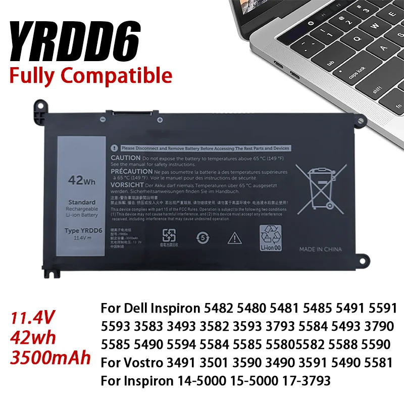 YRDD6 11.4V 42Wh Laptop Battery For Dell Vostro 3491 3591 3490 3590 3501 Inspiron 5481 5482 5485 5491 5591 5485 5585 5480