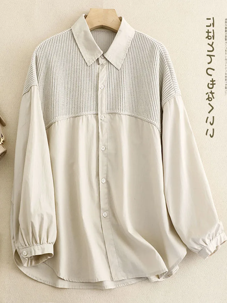 Spring 2024 Faion Knitted Patchwork Long Sve  Collar Casual Outerwear for plus Size Women Comfortable Cotton irt
