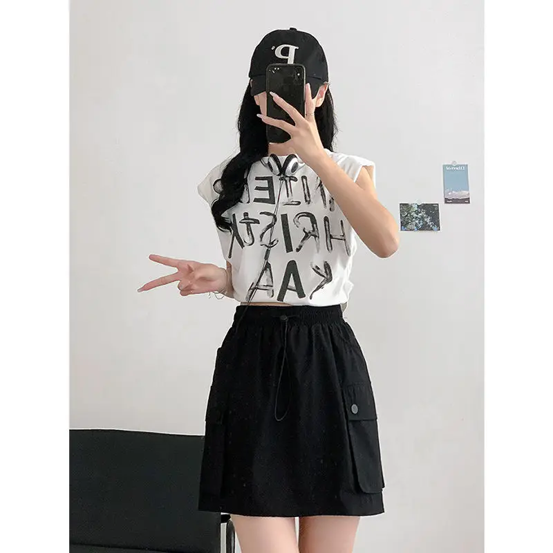 Simplicity American Style Fashion Summer Women's Solid Elastic Waist Drawstring Pocket Casual Versatile High Waist A-line Skirt
