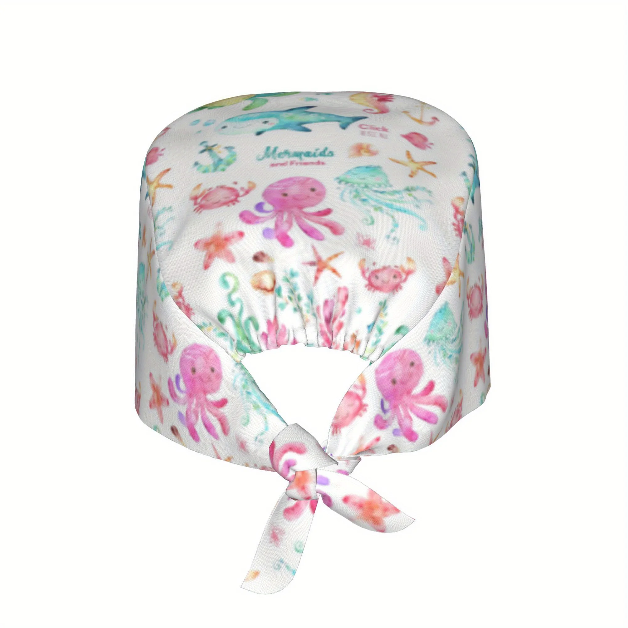 1pc Women'S Lightweight Adjustable Work Cap with Colorful Marine Life Print - Tie-Back, Dustproof Nurse Hat, Comfortable for Hea