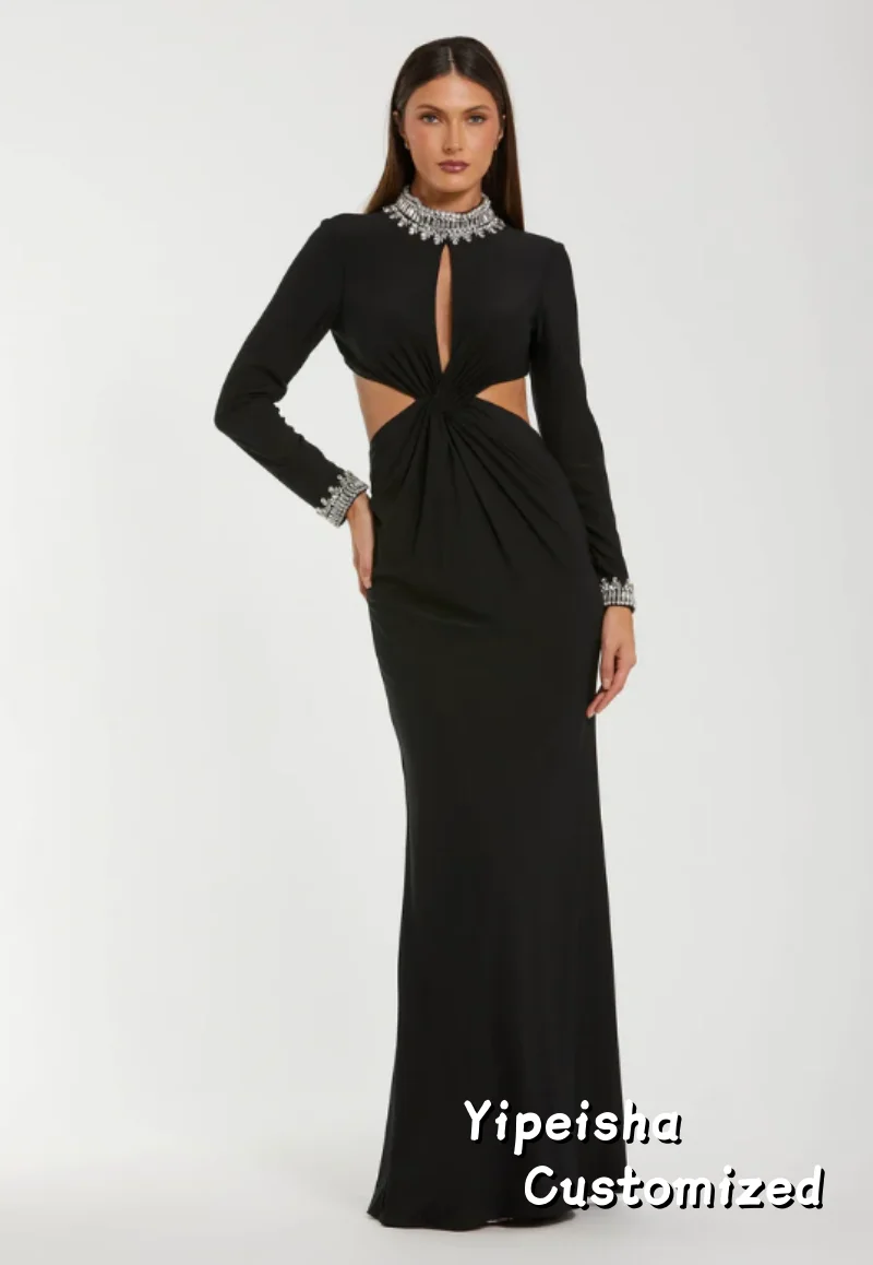Maßgeschneiderte schwarze lange Abendkleider, elegante Ballkleider mit hohem Kragen für formelle Anlässe, knöchellange Ballkleider mit Perlenkristallen