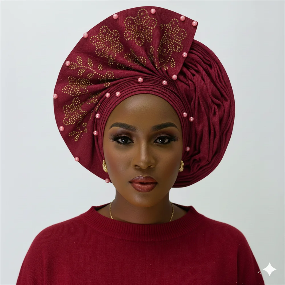 

Beaded Headtie African Gele Headwear With Stones Women's Turbans Wraps, Already Made Sego Headtie For Wedding Party