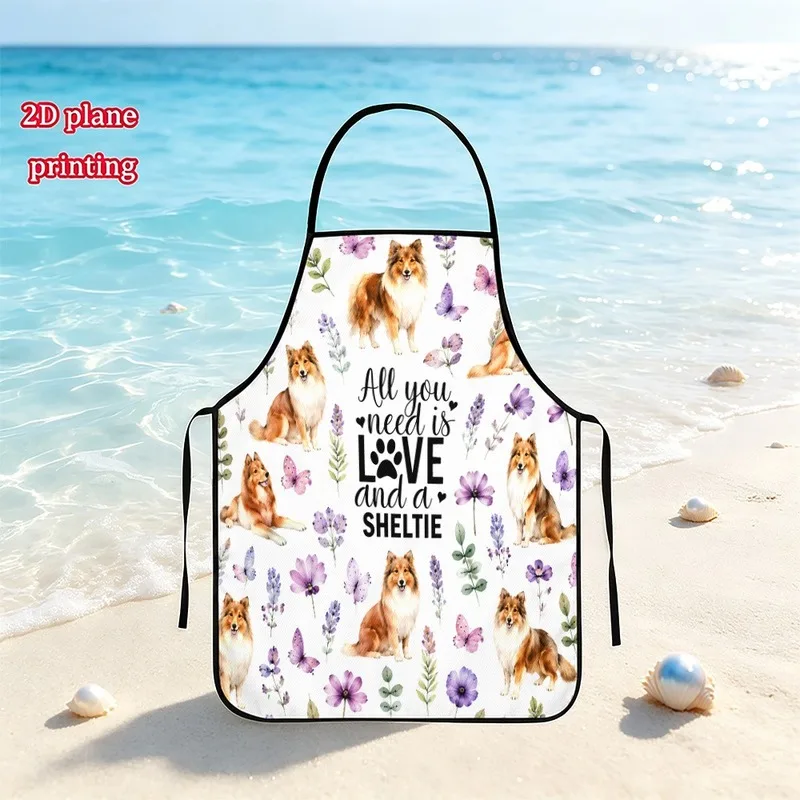 1PC【Apron】2DFlat effect，bag features a watercolor illustration of a Shetland Sheepdog、Purple floral print，Fun and