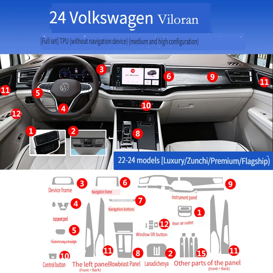 Tpu Transparent Film for Volkswagen Viloran 22-24 Car Interior Protector Film Sticker Center Control Screen Door Car Accessories