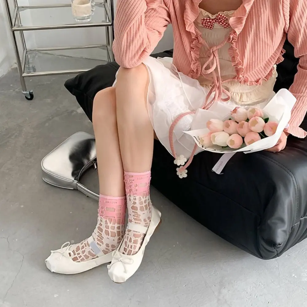 Comfortable Glass Silk Ripped Tube Socks Stockings Color Blocking Hollow Mesh Socks Sweet Breathable Women's Socks Female