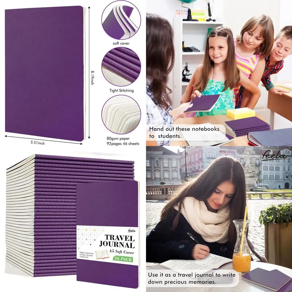 

A5 Lined & Blank Travel Journals, 8.2 x 5.5, Dark Purple, Soft Cover Notebooks for Men & Women, College Ruled, Writing & Busines