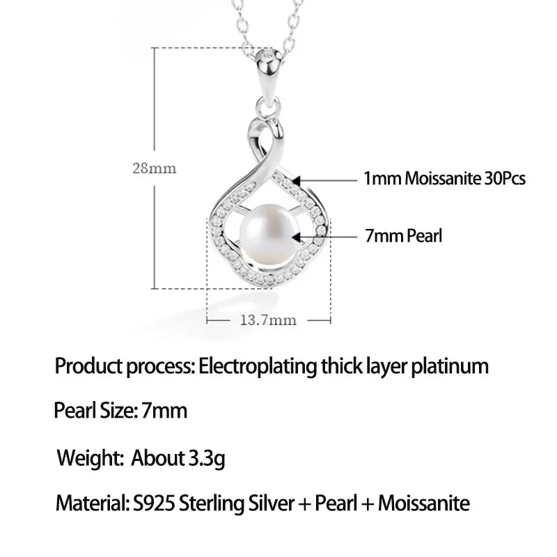 LinkerLove 925 Silver Pearl Necklace 7mm Freshwater Pearl Moissanite Infinity Twist Pendant Necklace Fine Jewelry Gift for Women