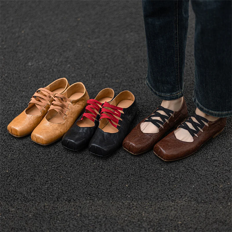 

Retro Design Ballet Style Square Toe Mary Jane Cross Straps Cover Mixed Color Casual Shoes Autumn Woman Zapatos Mujer Cozy New