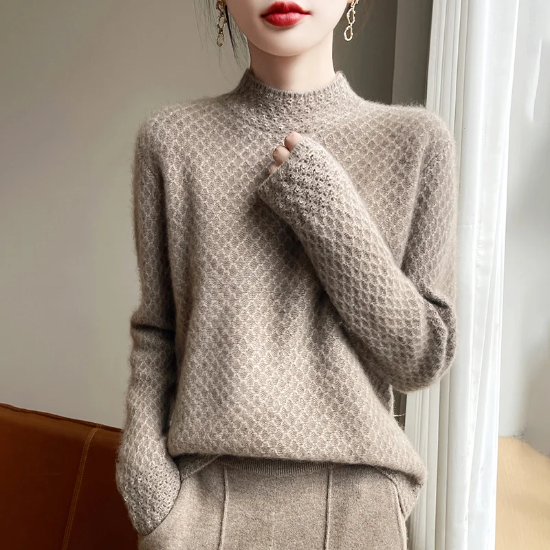

Женский свитер из 100% шерсти с полуводолазкой, внутренний слой, вязаный крючком узор, элегантная рубашка на утолщенной основе, свободный мягкий свитер