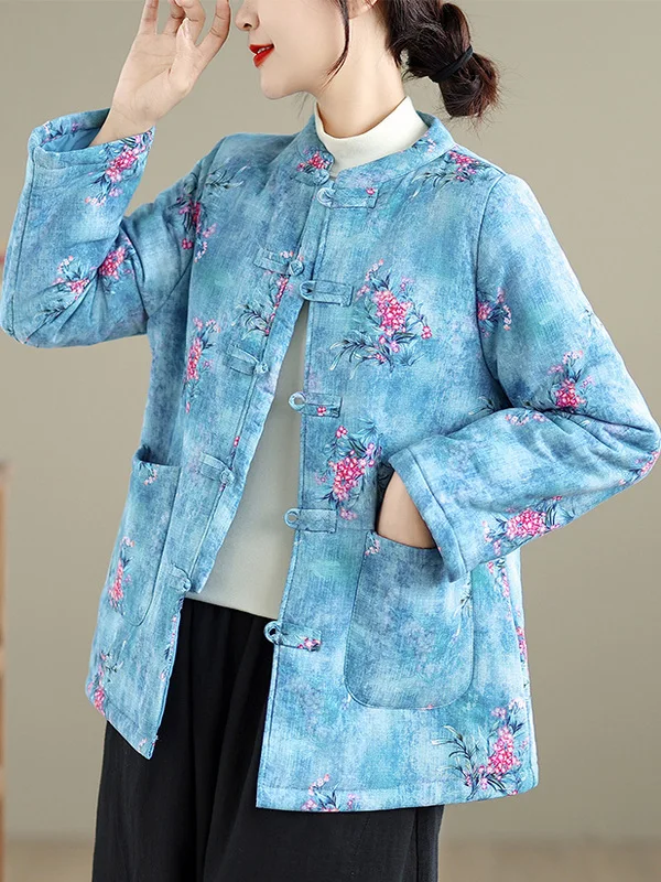 

New Chinese Style Floral Cotton Jacket Women's Winter Retro Button Ethnic Print Thickened Long Sleeve Stand Collar Coat