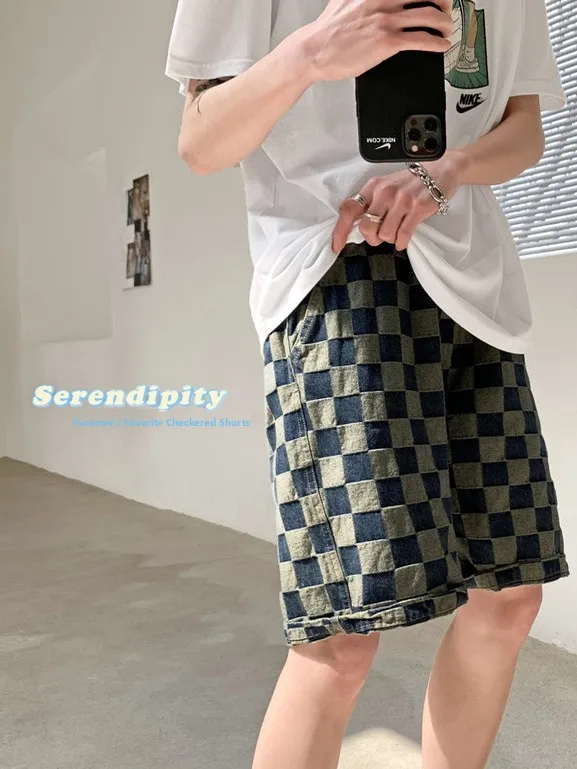 

Trendy Plaid Denim Shorts Summer Loose Five-Quarter Pants Korean Style Casual Straight Leg Jeans for Men Youth Casual Wear