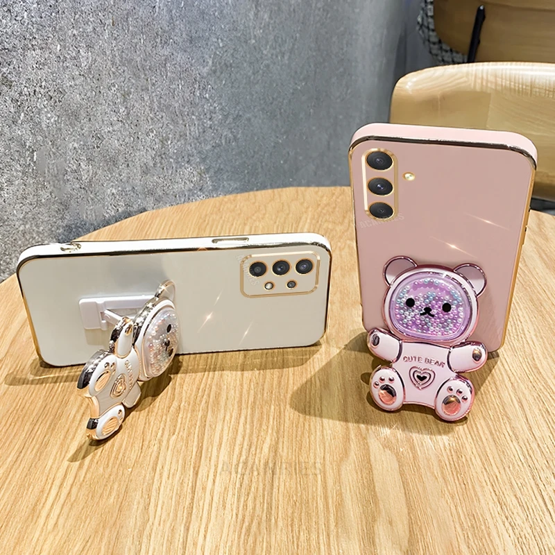 A 15 25 35 55 Cute Plating Quicksand Bear Holder Case For Samsung Galaxy A15 A25 A35 A55 A14 A24 A34 A54 5g Silicone Stand Cover