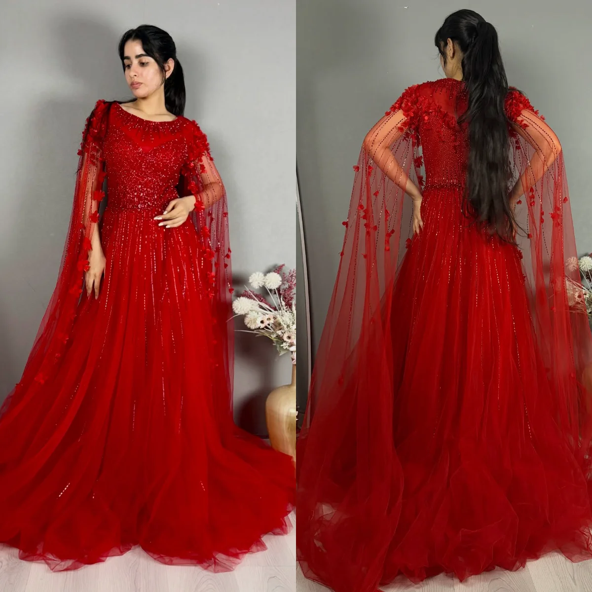 

Luxury Red Beading Evening Dress for Women Customized Arabic Vestidos de Gala Prom Gowns With Cape Sleeves