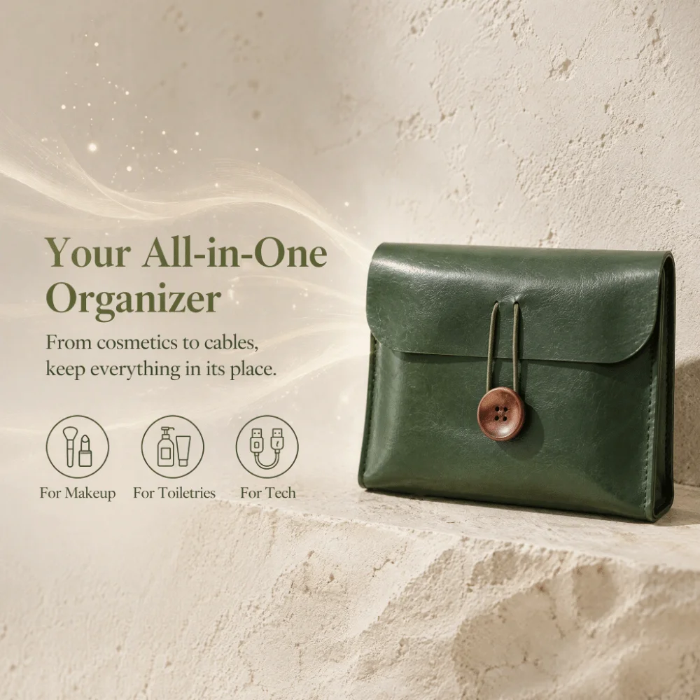 Minimalist‌ Soft PU Leather Cosmetic Bag Button Closure Lightweight Makeup Organizer Bag Waterproof Beauty Case for Women